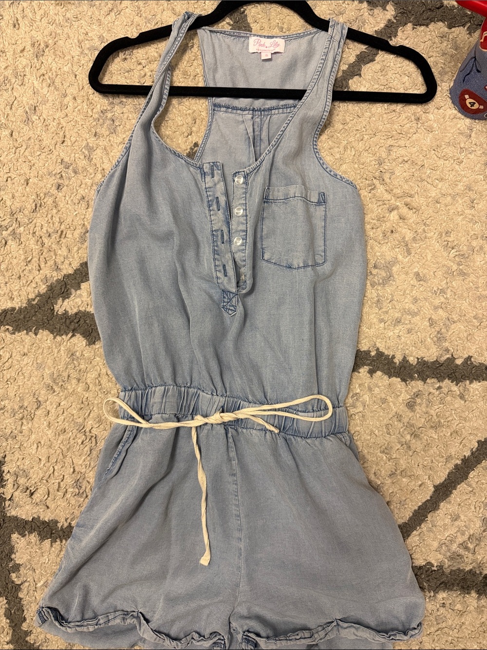 Pink Lily Light Blue Denim-Style Girls' Romper with Drawstring